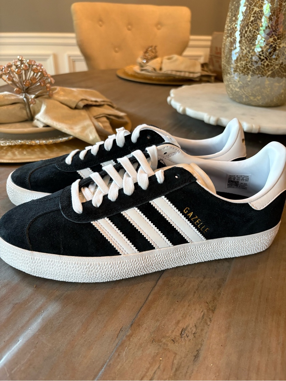 New adidas Black Suede Gazelle Sneakers with White Stripes